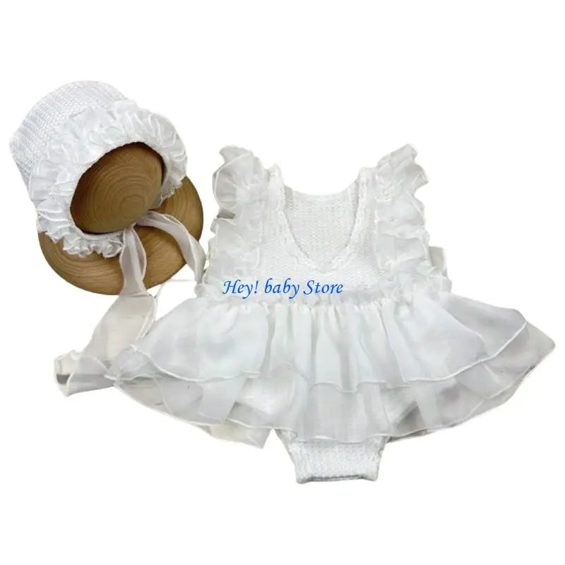 Q1FE Infant Photography Outfit Dress Photoshoots Hat Hairband with Delicate Lace Trim Detailing for 0-1 Month Old
