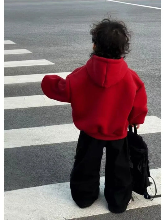 Boys Red Fleece Set 2025 New Year's Clothing Baby Autumn and Winter Hooded Sweater Casual Pants Two-piece Set