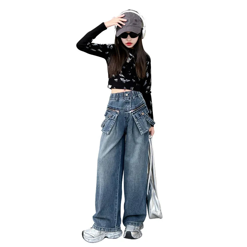 Child Straight Jeans With zipper Pocket For Girls Spring Girl Streetwear Baggy Casual Loose Denim Trousers Kids Jeans Pants