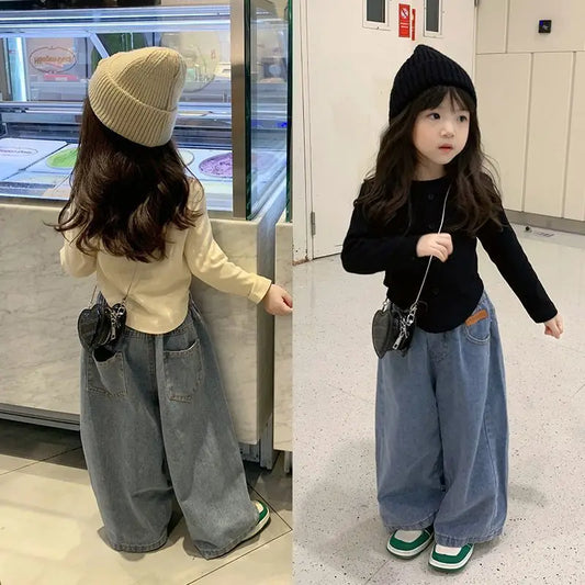 Kids Clothes Autumn Girls Sets Girls Baby Clothes Korean Style Bottoming Shirts Casual Jeans Girls Wide Leg Pants Girls Tops