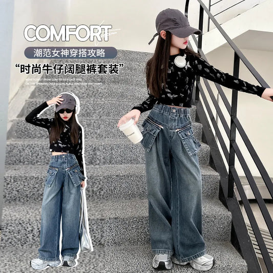 Child Straight Jeans With zipper Pocket For Girls Spring Girl Streetwear Baggy Casual Loose Denim Trousers Kids Jeans Pants