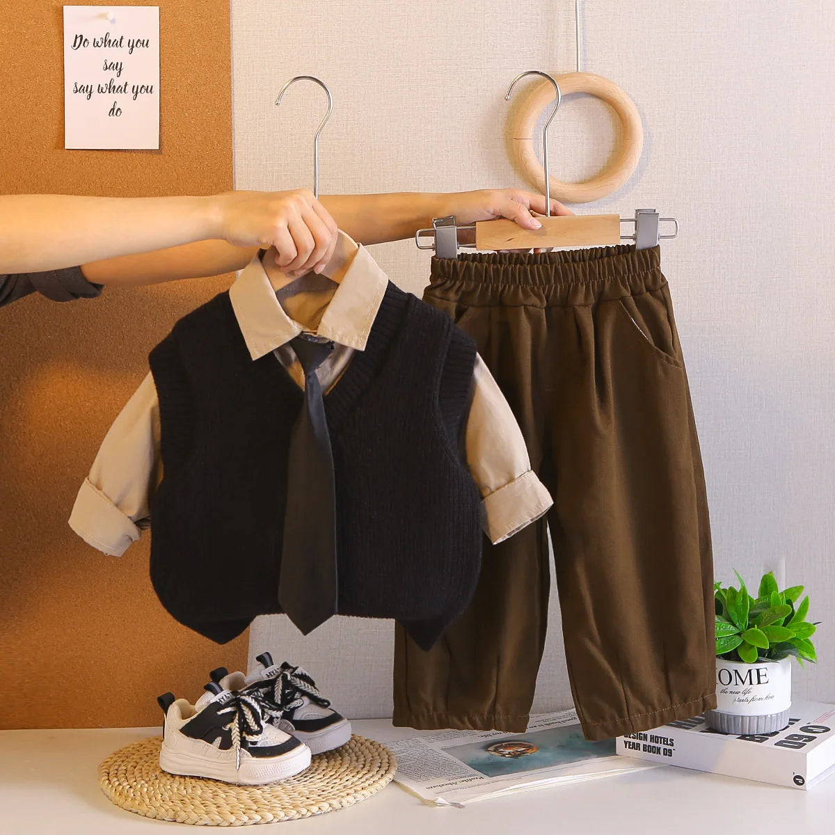 Boys Clothes Sets Spring Autumn 2026 Children Knitted Vest Tie Shirts Pants 3pcs Fashion Suit For Baby Outfits Kids Tracksuits 5