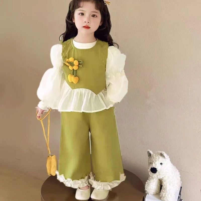 Baby Girl Clothes Set Autumn Kid Lace Trim Sweatshirts Pullover Sweet Top & Pink Pants 2pcs Suit Children Tracksuits Outfits