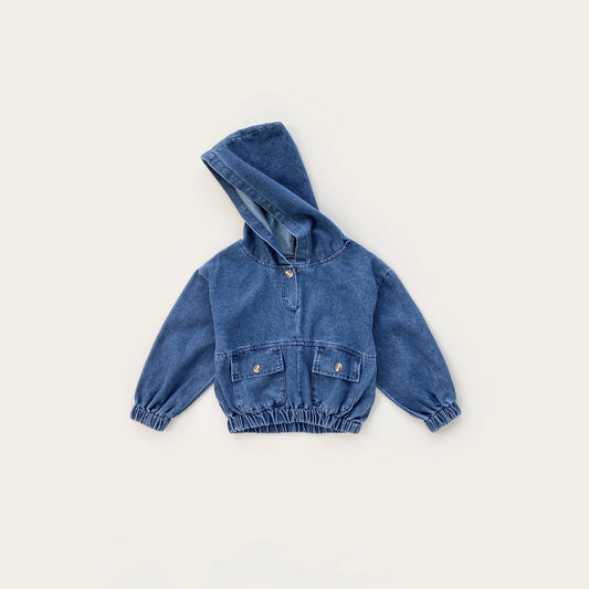 New autumn baby clothes for 2-4 years old, loose denim hooded top for baby boys and girls, large pocket top