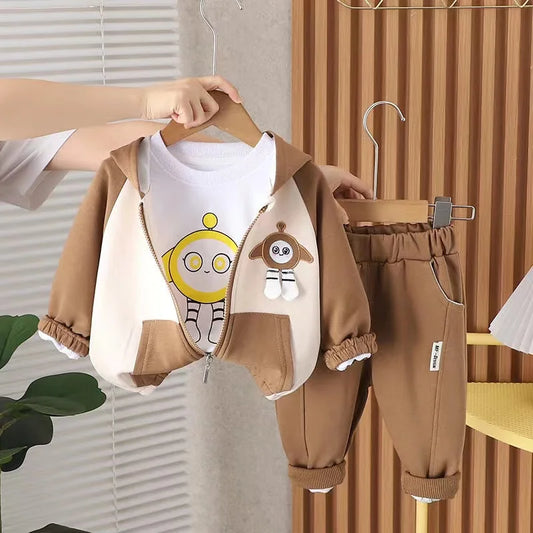 Boys' Spring and Autumn Baby Set Cartoon Egg Set Three piece Sportswear Casual Western Style New Children's Coat