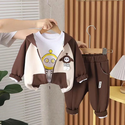 Boys' Spring and Autumn Baby Set Cartoon Egg Set Three piece Sportswear Casual Western Style New Children's Coat