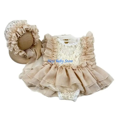 Q1FE Infant Photography Outfit Dress Photoshoots Hat Hairband with Delicate Lace Trim Detailing for 0-1 Month Old