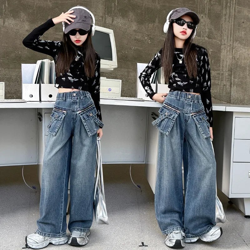 Child Straight Jeans With  zipper Pocket For Girls Spring Girl Streetwear Baggy Casual Loose Denim Trousers Kids Jeans Pants