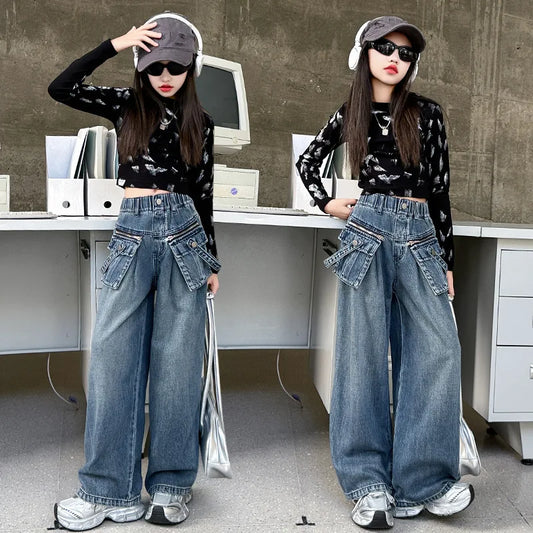 Child Straight Jeans With  zipper Pocket For Girls Spring Girl Streetwear Baggy Casual Loose Denim Trousers Kids Jeans Pants