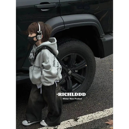 2025 Autumn/Winter Plush Letter Children's Hoodie Baby Sweater Korean Edition Fashion Children's Cool and Handsome Warm Top