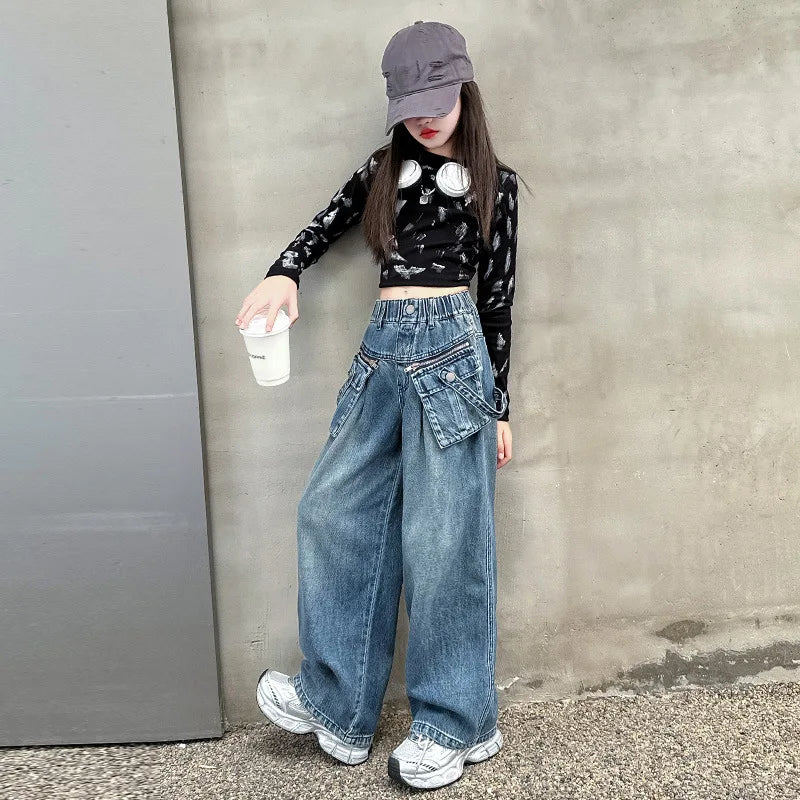 Child Straight Jeans With  zipper Pocket For Girls Spring Girl Streetwear Baggy Casual Loose Denim Trousers Kids Jeans Pants