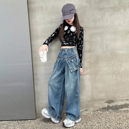 Child Straight Jeans With  zipper Pocket For Girls Spring Girl Streetwear Baggy Casual Loose Denim Trousers Kids Jeans Pants