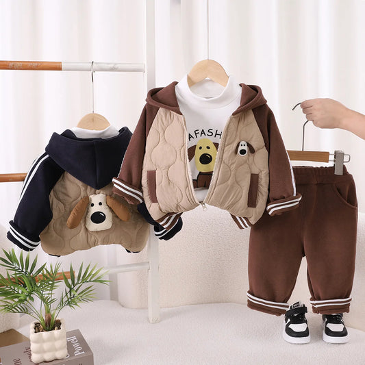 Boys Thick Clothes Sets Winter Children Down Coats T-shirts Pants 3pcs Warm Velven Suit For Baby Outfits Kids Hoodies Tracksuits