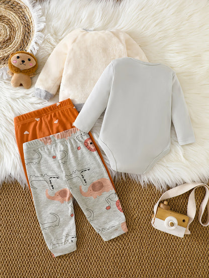 Baby boy clothes 4PCS Baby boy onesies suit Autumn and winter long-sleeved onesie+ top+ 2 pants Suitable for 0-12 months