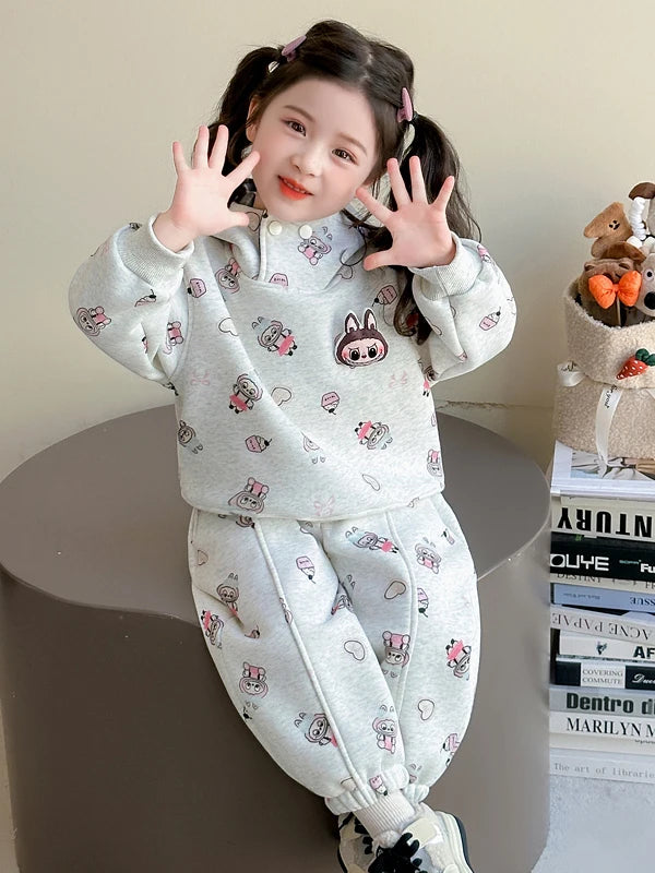 Girls' Fce Lined Hoodie Sweatirt Winter Faionable Children's Two Piece Set Cartoon Print Casual Sportswear Ensemble