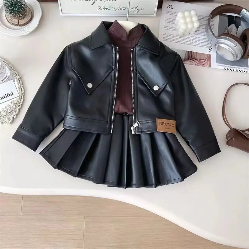 2025 Girls' Faux Leather Jacket Trendy Biker Style Coat Stylish Toddler Outerwear