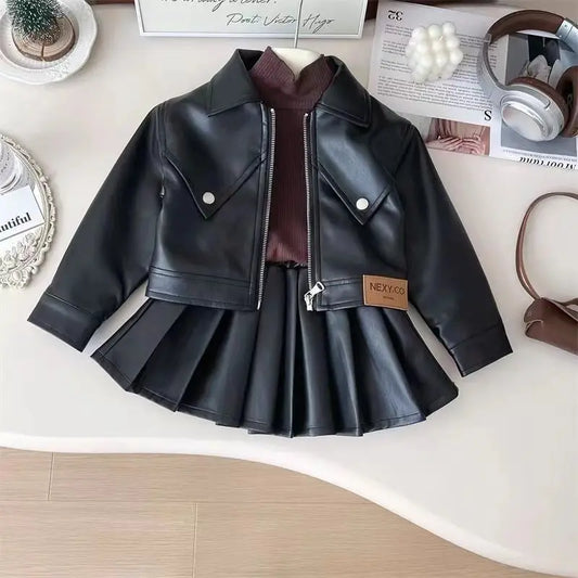 2025 Girls' Faux Leather Jacket Trendy Biker Style Coat Stylish Toddler Outerwear