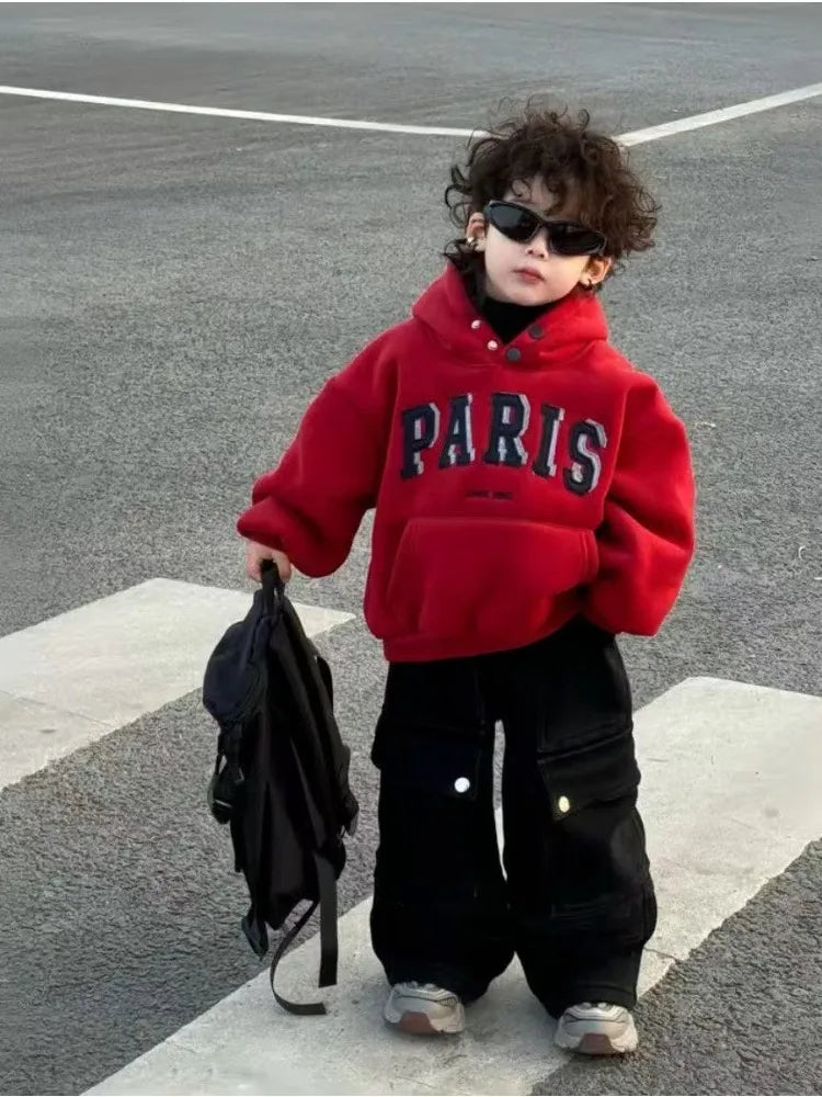 Boys Red Fleece Set 2025 New Year's Clothing Baby Autumn and Winter Hooded Sweater Casual Pants Two-piece Set