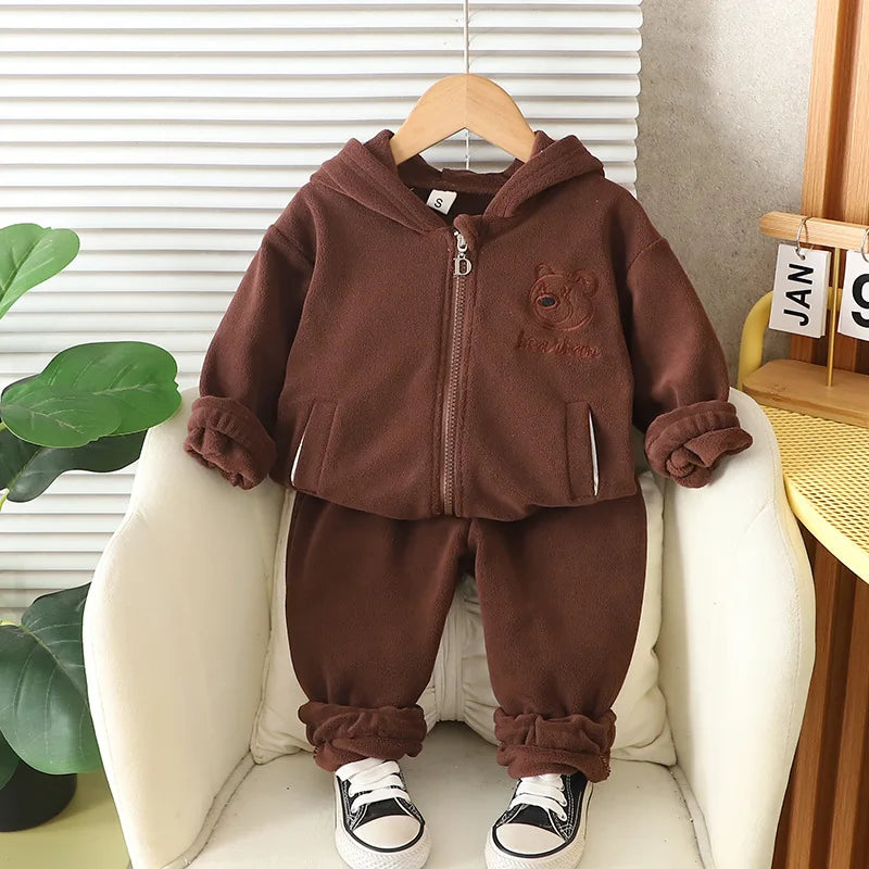 Children's Set Autumn/Winter Korean Boys' Girls' Cartoon Lion with Velvet Hoodie Two Piece Set InfantsYoung Children's WarmthSet