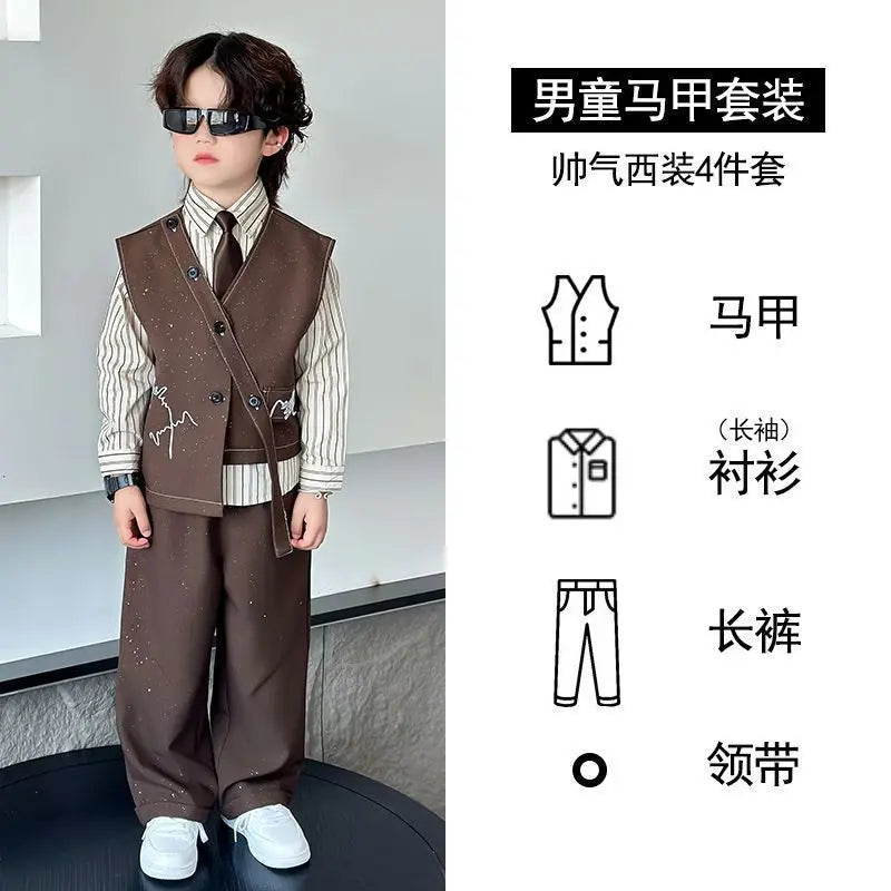 3 PCS set Autumn Spring Boy Retro Stripes TShirt+Pants Shorts+Vest Kid Children baby Gentleman Handsome Streetwear Party Clothes