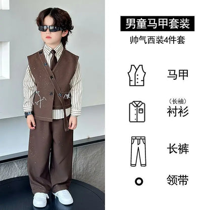 3 PCS set Autumn Spring Boy Retro Stripes TShirt+Pants Shorts+Vest Kid Children baby Gentleman Handsome Streetwear Party Clothes