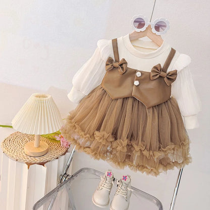 Baby Girls' Dress Spring And Autumn  Girls Toddlers' Warm Dress Two-piece Puff-Sheen Stylish Princess Dress