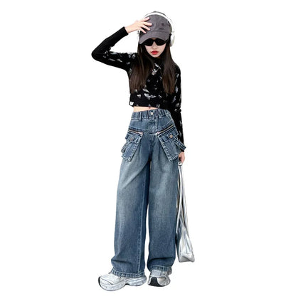 Child Straight Jeans With  zipper Pocket For Girls Spring Girl Streetwear Baggy Casual Loose Denim Trousers Kids Jeans Pants