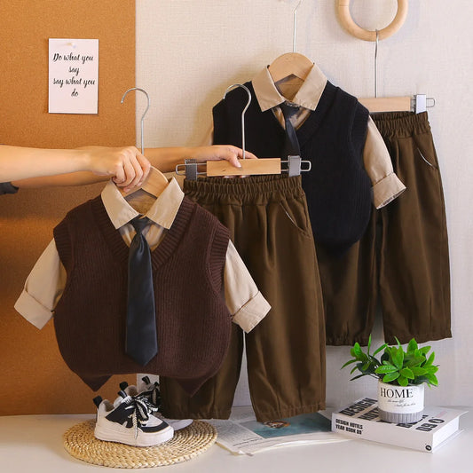 Boys Clothes Sets Spring Autumn 2026 Children Knitted Vest Tie Shirts Pants 3pcs Fashion Suit For Baby Outfits Kids Tracksuits 5