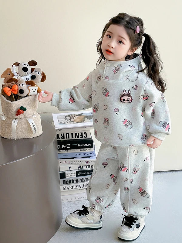 Girls' Fce Lined Hoodie Sweatirt Winter Faionable Children's Two Piece Set Cartoon Print Casual Sportswear Ensemble