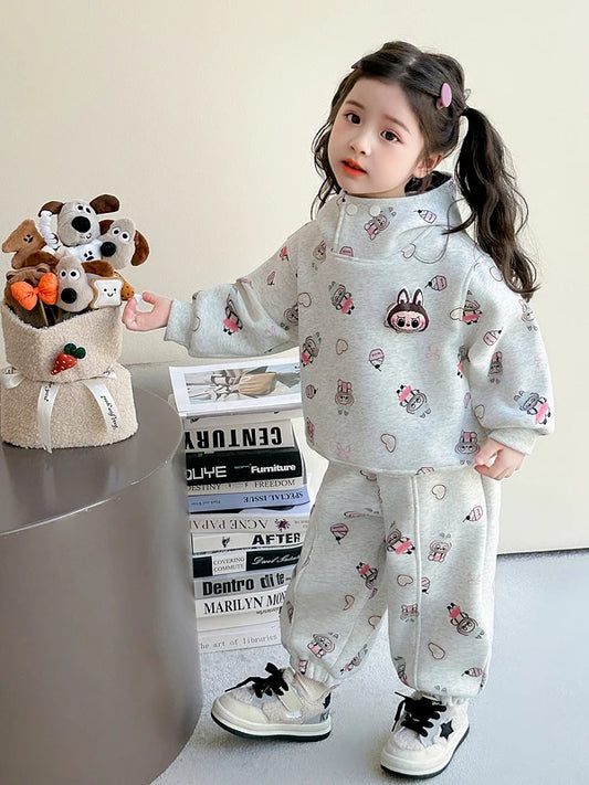 Girls' Fce Lined Hoodie Sweatirt Winter Faionable Children's Two Piece Set Cartoon Print Casual Sportswear Ensemble