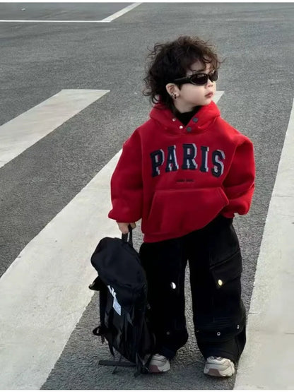 Boys Red Fleece Set 2025 New Year's Clothing Baby Autumn and Winter Hooded Sweater Casual Pants Two-piece Set