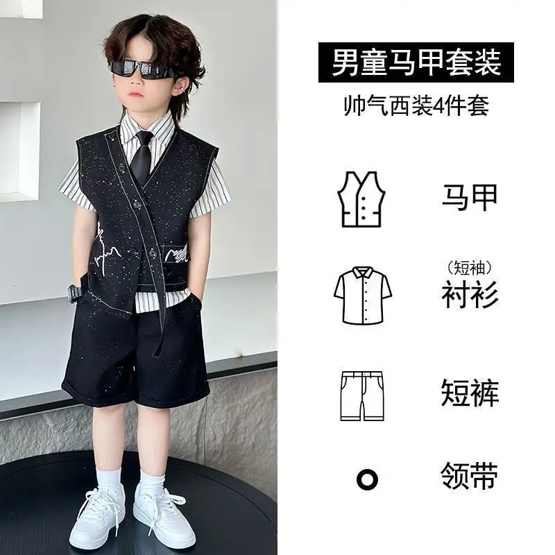 3 PCS set Autumn Spring Boy Retro Stripes TShirt+Pants Shorts+Vest Kid Children baby Gentleman Handsome Streetwear Party Clothes