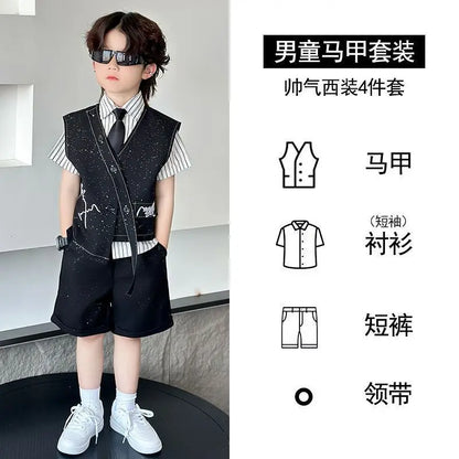 3 PCS set Autumn Spring Boy Retro Stripes TShirt+Pants Shorts+Vest Kid Children baby Gentleman Handsome Streetwear Party Clothes
