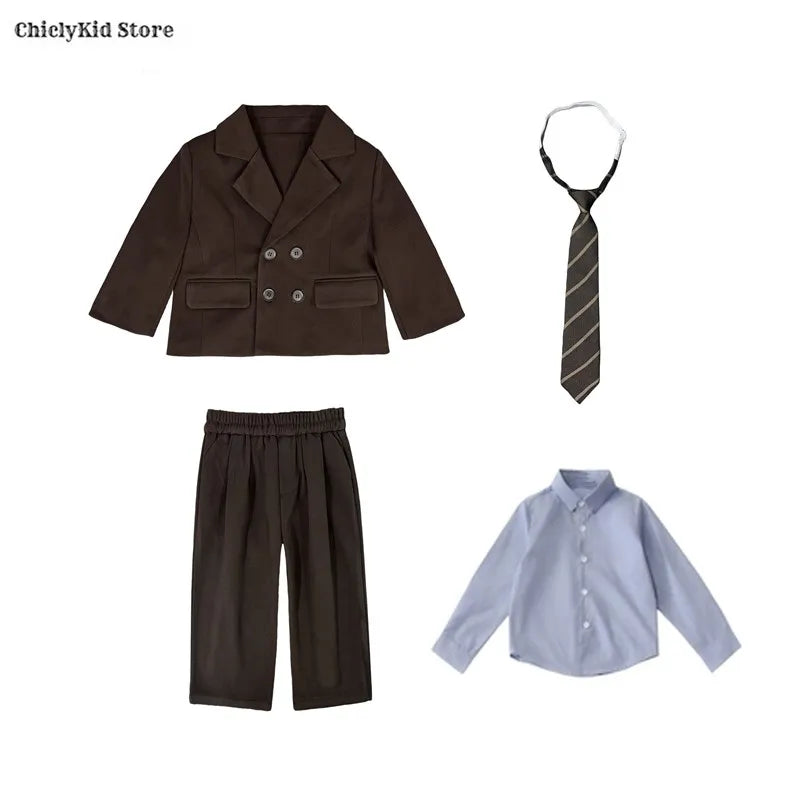 Boys Solid Double Breasted Blazer Jack Vest Pants Children Suit Waistcoat Wedding Clothes Sets Toddler Formal Dress Kids Tuxedos