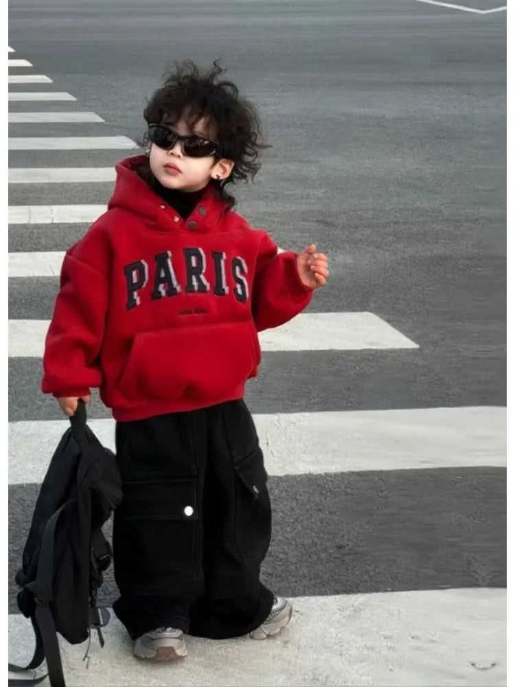 Boys Red Fleece Set 2025 New Year's Clothing Baby Autumn and Winter Hooded Sweater Casual Pants Two-piece Set