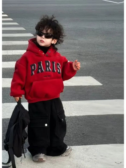 Boys Red Fleece Set 2025 New Year's Clothing Baby Autumn and Winter Hooded Sweater Casual Pants Two-piece Set