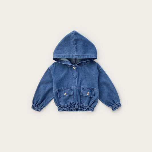New autumn baby clothes for 2-4 years old, loose denim hooded top for baby boys and girls, large pocket top