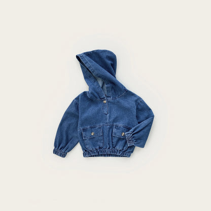New autumn baby clothes for 2-4 years old, loose denim hooded top for baby boys and girls, large pocket top