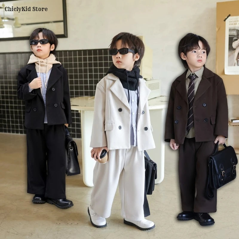 Boys Solid Double Breasted Blazer Jack Vest Pants Children Suit Waistcoat Wedding Clothes Sets Toddler Formal Dress Kids Tuxedos