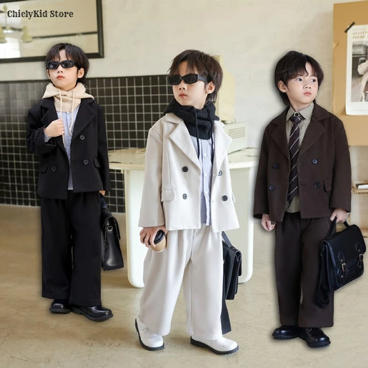 Boys Solid Double Breasted Blazer Jack Vest Pants Children Suit Waistcoat Wedding Clothes Sets Toddler Formal Dress Kids Tuxedos