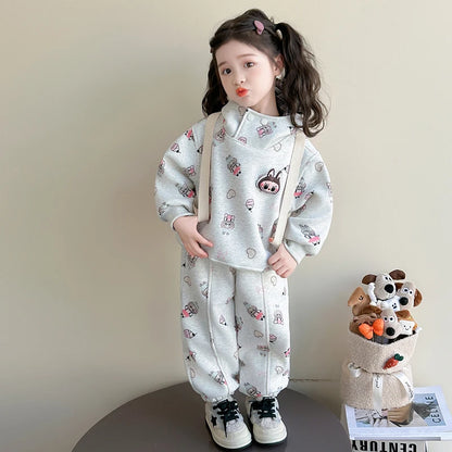 Girls' Fce Lined Hoodie Sweatirt Winter Faionable Children's Two Piece Set Cartoon Print Casual Sportswear Ensemble