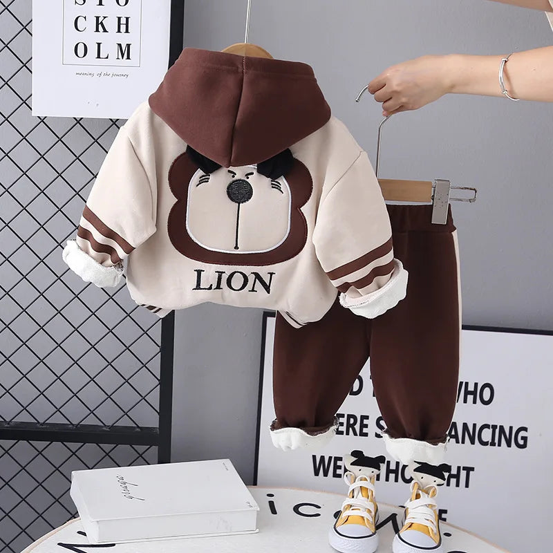 Children's Set Autumn/Winter Korean Boys' Girls' Cartoon Lion with Velvet Hoodie Two Piece Set InfantsYoung Children's WarmthSet