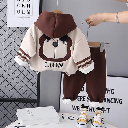 Children's Set Autumn/Winter Korean Boys' Girls' Cartoon Lion with Velvet Hoodie Two Piece Set InfantsYoung Children's WarmthSet