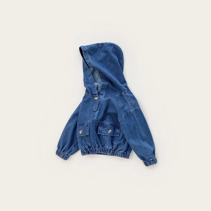 New autumn baby clothes for 2-4 years old, loose denim hooded top for baby boys and girls, large pocket top
