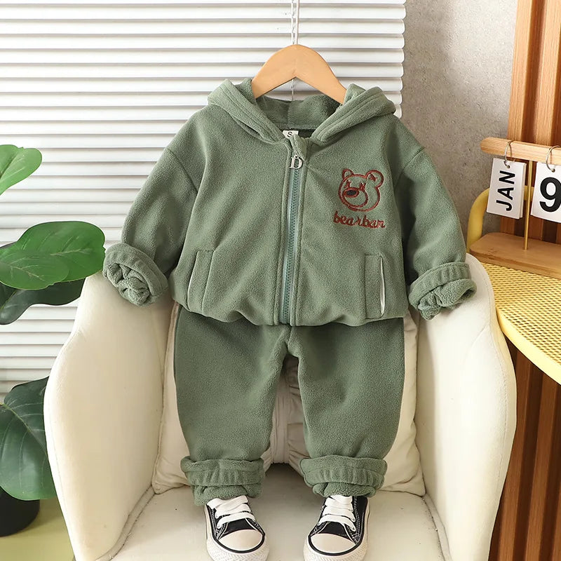 Children's Set Autumn/Winter Korean Boys' Girls' Cartoon Lion with Velvet Hoodie Two Piece Set InfantsYoung Children's WarmthSet