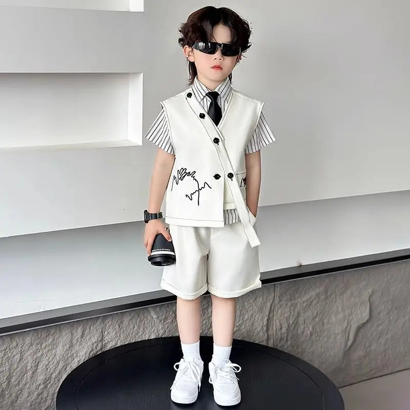 3 PCS set Autumn Spring Boy Retro Stripes TShirt+Pants Shorts+Vest Kid Children baby Gentleman Handsome Streetwear Party Clothes