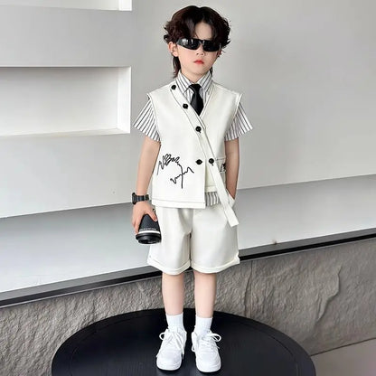 3 PCS set Autumn Spring Boy Retro Stripes TShirt+Pants Shorts+Vest Kid Children baby Gentleman Handsome Streetwear Party Clothes