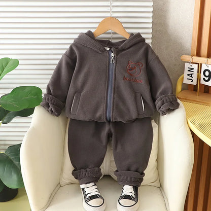 Children's Set Autumn/Winter Korean Boys' Girls' Cartoon Lion with Velvet Hoodie Two Piece Set InfantsYoung Children's WarmthSet
