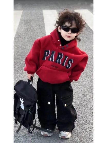 Boys Red Fleece Set 2025 New Year's Clothing Baby Autumn and Winter Hooded Sweater Casual Pants Two-piece Set