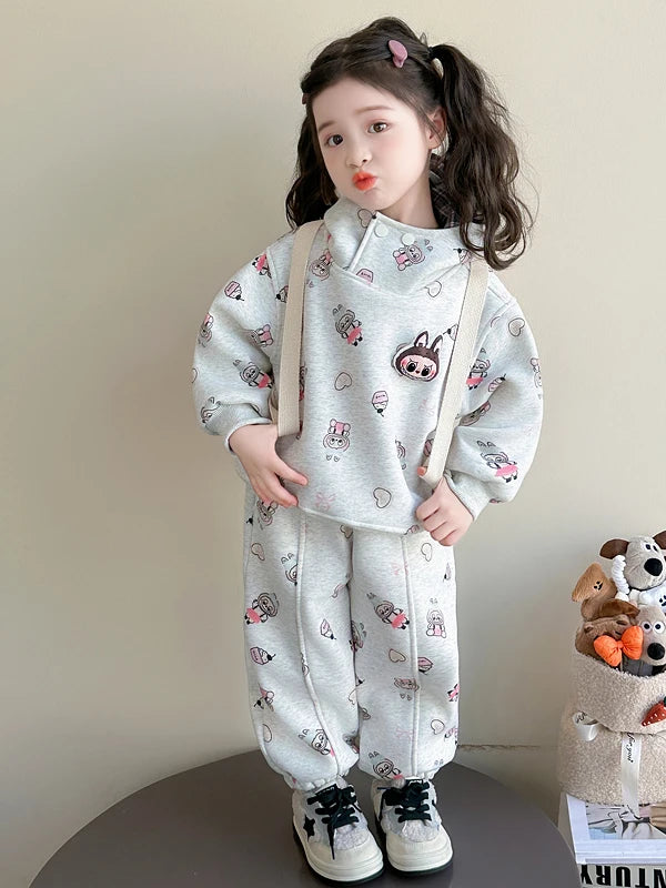 Girls' Fce Lined Hoodie Sweatirt Winter Faionable Children's Two Piece Set Cartoon Print Casual Sportswear Ensemble
